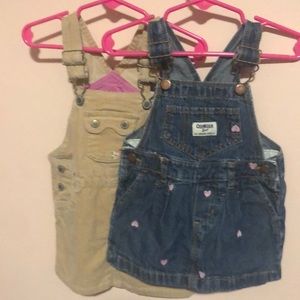 OshKosh lot of two overall dresses, 1 tan corduroy, 1 blue denim. Size 18 months